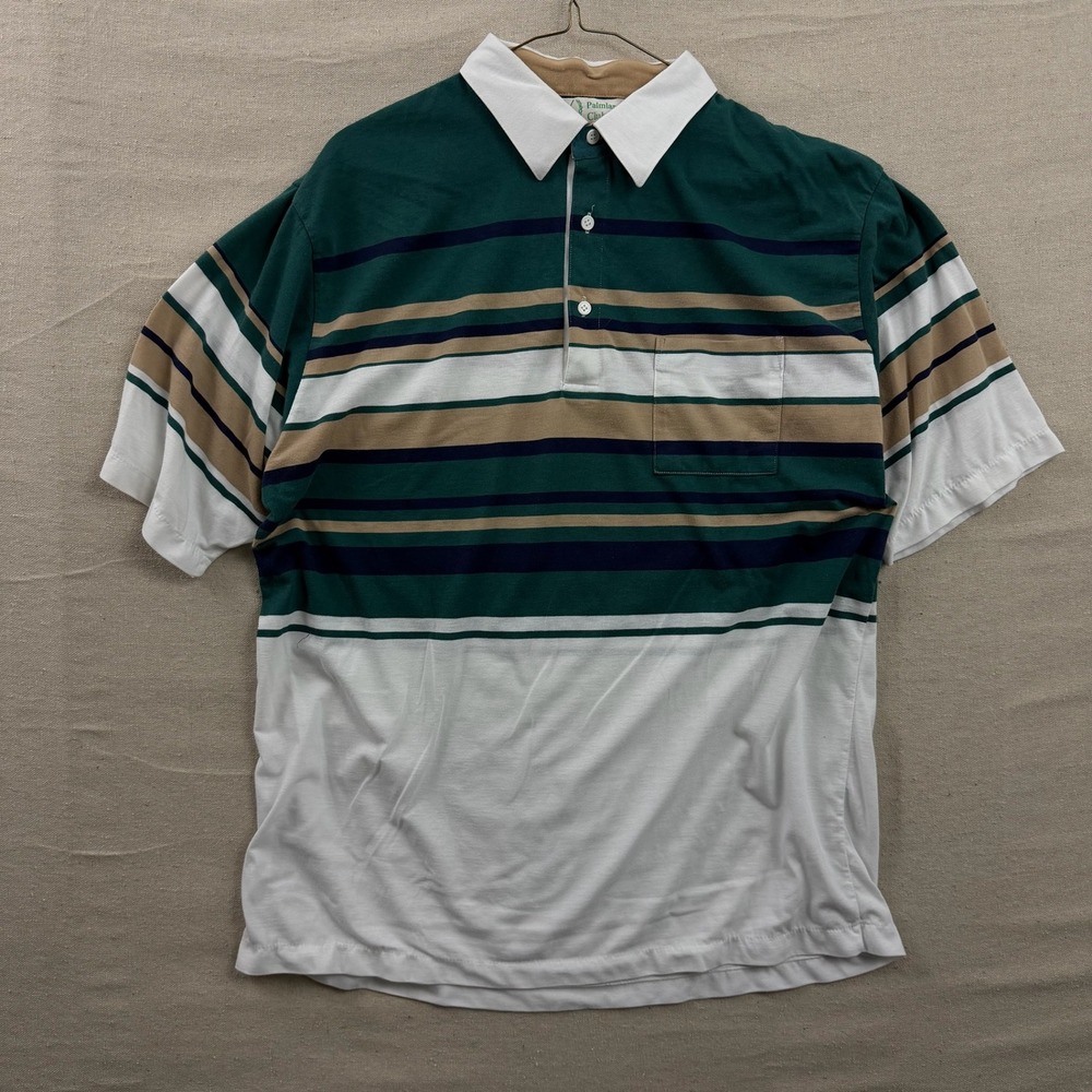 Palmland Club Polo Shirt Mens XL Green White Striped Short Sleeve Pocket Vintage